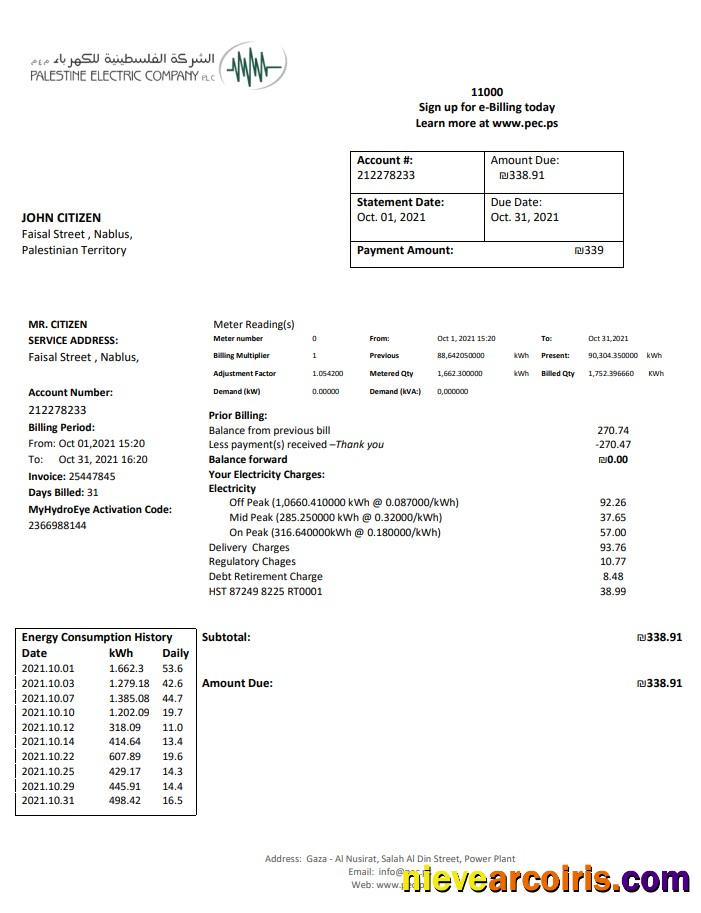Palestine Electric Company PEC utility bill